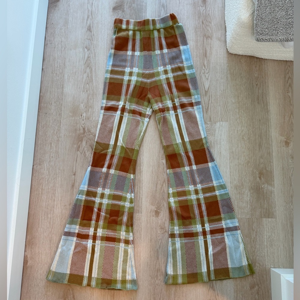 SOCIAL WORK Plaid Knit Flare Pants Y2K Bell Bottom Trousers Size S
